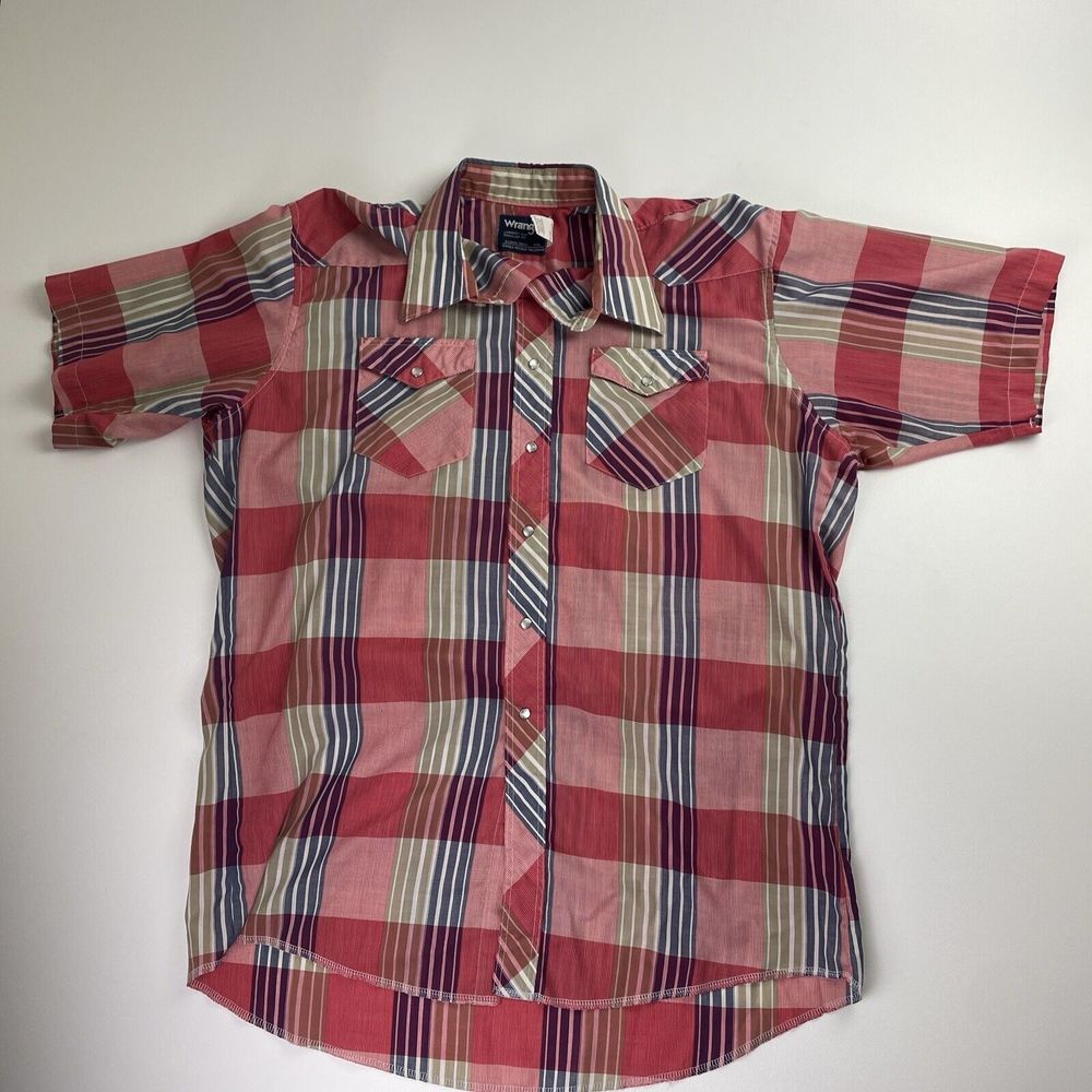 Wrangler Shirt Mens Large 17.5 Plaid Brush Popper Cowboy Cut X Long Tails Vtg